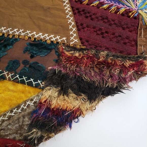 Antique Crazy Quilt 11" Square Block Flannel Backing Velvet Satin Embroidery - Picture 13 of 13